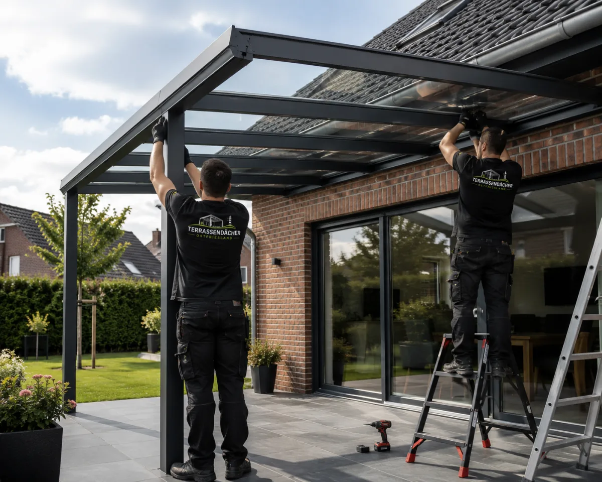 Partnerbetrieb beim Aufbau eines Aluminium-Terrassendachs